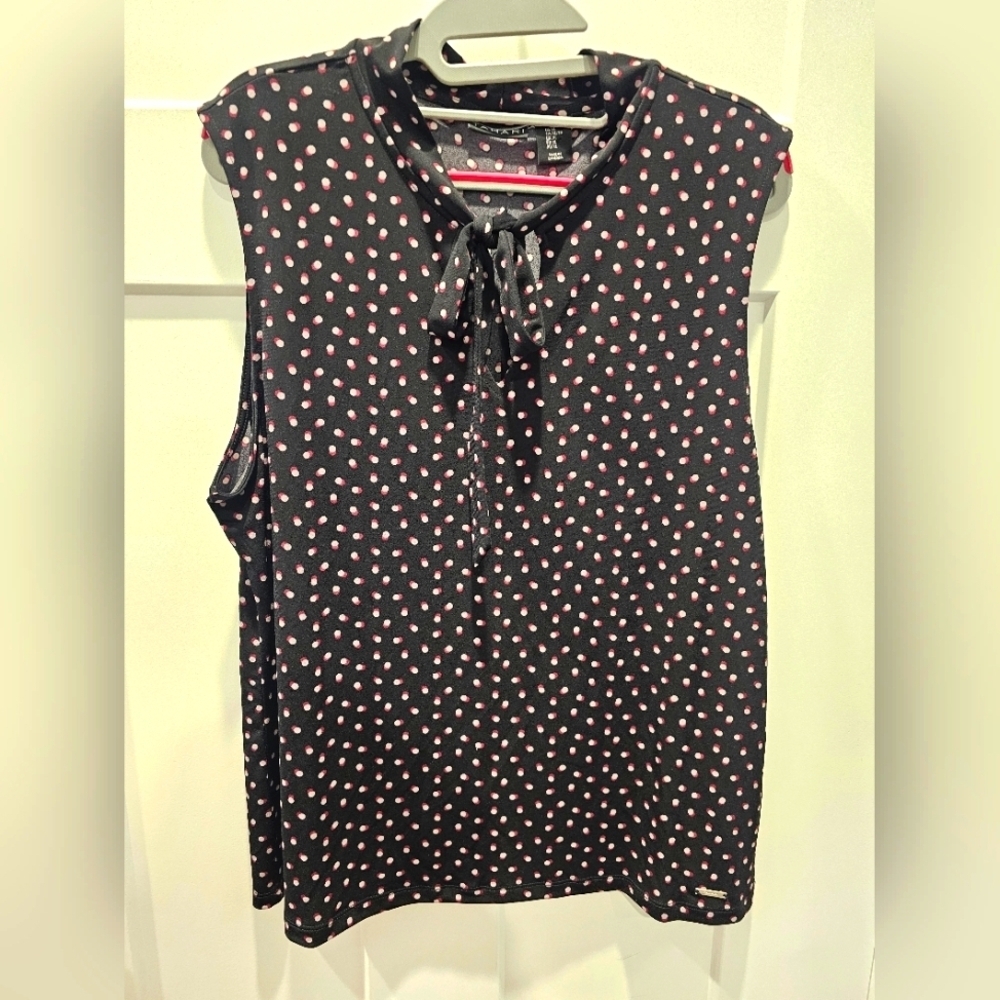 Tahari Black Polka Dot Tie Neck Sleeveless Blouse XL